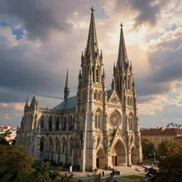 view from the outside from a gothic church, cinematic, art by thomas kinkade, greg rutkowski, artstation trending, gorgeous clouds, god rays, fantasy art, octane render, ureal engine, concept art, hyperdetailed.