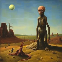 surreal landscape painted by dali max ernst dorothea tanning perfect composition bizarre disturbing small people in the distance large mutant forms in the foreground