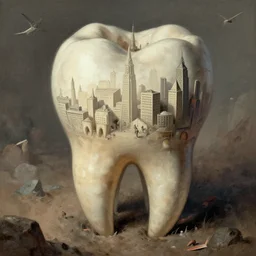 A large civilization carved into a tooth, a civilization living inside of a tooth. Trending on Artstation, surrealist imagery designed in the image of the great works of Greg Rutkowski