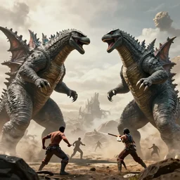 an epic battle between two huge kaiju monsters