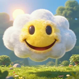 fantastical vibrant smiley face shaped cloud with holes for eyes and mouth, in a nature scene by marc adamus, high definition, sun breaking behind the smiley face, cheerful, bouncing, trippy