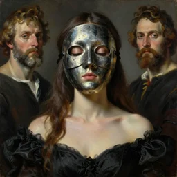 The portrait of beautiful woman with closed eyes in steel full-face occult mask and black dress by Ilya Repin, William Blake, Michelangelo da Caravaggio and Beksinski, highly detailed oil painting, trending by artstation, dramatic volumetric lighting, fantasy character, 4k, masterpiece