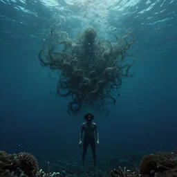 the man at the bottom of the sea, abstract, surreal, uncanny, horror, 4 k hd, realisitc photography, detailed,