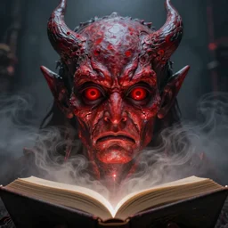 lord loss, demon master, king of hell & sorrow, book portrait, pale red, lumpy skin, he has very dark - round red sad eyes with even darker red pupils. tiny cracks in skin seep, symmetric lights and fog, in the style of zdzislaw beksinski, glowing light and shadow, hyperrealist, 8 k