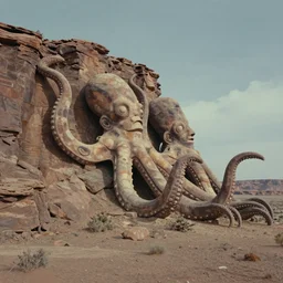 hyperrealist studio ghibli dull colors portrait from close encounters of the third kind 1 9 7 7 of a cliff with two huge stone octopus statues swaying in a desert cliff bubble monument valley