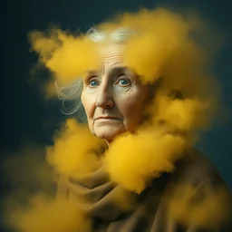 minimalist old ukrainian woman!!!!, fully covered in yellow and blue clouds!!!, disarming, enchanting, fragile, hopeful, cloudcore, portrait, by kim keever