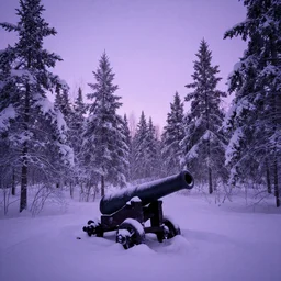 lapland cannon snow covered trees volymetric light ethereal violet dusk by noah bradley and john howe
