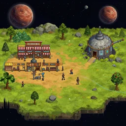 in front of some [ [ [ [ stores ] ] ] ] next to a remote outpost, on an alien planet, from a space themed point and click 2 d graphic adventure game, set design inspired slightly by tomb raider, art inspired by [ [ thomas kinkade ] ] and mark keathley and tyler edlin