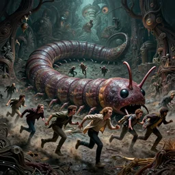 people running terrified of the giant worm, high detail, 8k, ornate, nightmare, realistic, masterpiece, complex, WLOP, film still from the movie directed by Denis Villeneuve with art direction by Pablo Picasso and Greg rutkowski, centered