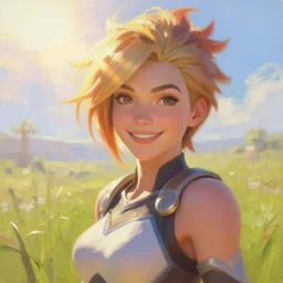 beautiful oil painting of tracer from the game overwatch, standing in grassy field, smiling while the sun shines down, feminine face, light rays, radiant quality, 4 k, brush strokes, anatomically accurate face, beautiful eyes, peaceful atmosphere, artstation, detailed face, smiling,