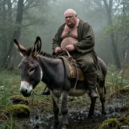 a movie still by tarkovsky of a profil giant obese old bald man in dirty medieval clothes saddling his donkey in a swamp mossy, cinestill 8 0 0 t 3 5 mm eastmancolor, heavy grain, high quality, noir, natural textures, photorealistic, ambient occlusion, hd, mud, fog, criterion collection
