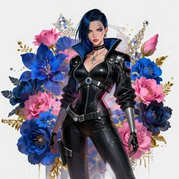 cyberpunk lady in mafia, wide angle view, flowers, blue black pink, gold, diamonds, highly detailed, artgerm, cushart krenz, artstation, soft light, sharp focus, illustration, character design, concept art