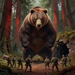 picture of a giant grizzly bear monster looking down at a group of poachers near a cave, stand up, redwood forest, art by ismail inceoglu and filip hodas. matte painting, tenebrism, vaporwave style, artistic render