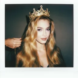 attractive wearing a golden crown with shiny and silky long hair getting hair styled with danny devito illuminated by sparkling diamonds, polaroid