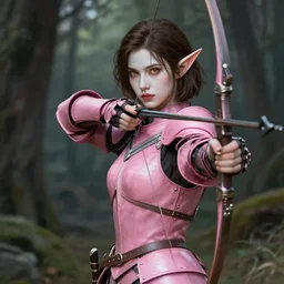 a single female half - elf archer, fully covering pink leather armor, detailed face, crossbow, brunette, white skin, honey - colored eyes, bob haircut, young, pretty, high fantasy, forest background, highly detailed, digital painting, by tian zi, wlop, alphonse mucha