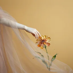 a wide portrait of a person touching a flower, with porcellaine skin, soft lighting, golden background, hari that mix with a flowy transparent cloth that merges into paint, thick paint splashes, harmonic palette