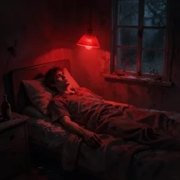 concept art, artstation, nigh, red light, high details, man waking up, just waking up, night, lamp lighting, horror, dark room, desolated, a window, volumetric light, atmospheric, grunge