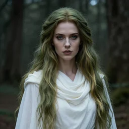 an ethereal high witch with long olive green and gold hair, in a white flowing detailed cowl, detailed face in natural makeup, dark aesthetic, fantasy setting in a forest