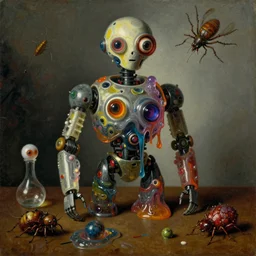 strange futuristic robot body, eyes everywhere, disturbing colorful oil painting dutch golden age vanitas still life sparse composition with bizarre objects strange gooey transparent surfaces shiny metal reflections bizarre mutant meat insects rachel ruysch dali todd schorr very detailed perfect composition rule of thirds masterpiece canon 5 0 mm, cinematic lighting, photography, retro, film, kodachrome