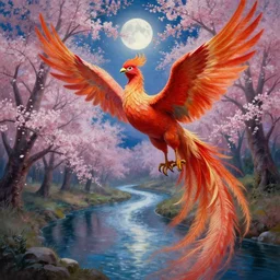 a beautiful painting of a phoenix, a river in a cherry blossom forest, volumetric lighting, moonlit by greg rutkowski and kalin popov, trending on artstation, masterpiece,