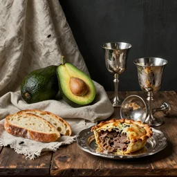 still life by willem claesz heda, avocados, bread, linen, a fly, silver, leftover meat pie, overturned chalice, surreal goblets,