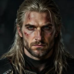 henry cavill as geralt of rivia with long beard and intense eyes, scarred, close up, rim lighting, portrait, sinister atmospheric lighting. highly detailed painting by greg rutkowski, anime style