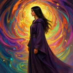 side profile, maya ali, sorcerer, gloomhaven, robes, elegant, highly detailed, concept art, smooth, colorful swirly magical ripples, oversaturated colors, by huang guangjian, sachin teng, greg rutkowski, jesper ejsing, ilya kuvshinov, artgerm, mucha