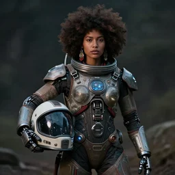 beautiful afrofuturistic himba woman holding her helmet, otjize, led detailed spacesuit, himba hairstyle, robotic arms, hyperrealistic, scifi, retouched photograph, dark, muted colors