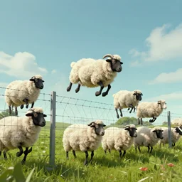 electric sheep jumping over an electrified fence, dreamscape, digital art