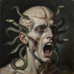 an oil on canvas painting of a screaming decapitated man's partially decomposing face and exposed brain with many biting serpents swarming out of his ears, a surrealist painting, polycount, surrealism, surrealist, lovecraftian, cosmic horror, high detailed