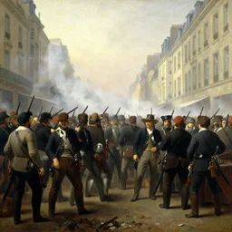 Painting of a crowd during the french revolution one early morning in a street in Paris with gun smoke and mist over the crowds, eugène de lacroix, aesthetic, High quality, sharp focus,