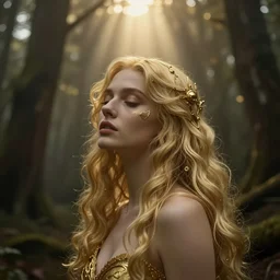 cinestill 5 0 d panorama of a woman by roversi in a mystical forest, light beams from top, romance, pale gold matt, fine art, hyper realistic dark fantasy landscape, beauty intricate, elegant, head in focus