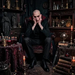 night portrait f / 1. 4 of a neurotic forty two year old british man thin vampire features feeling confidant in a cluttered dark room full of ancient dusty artifacts ( ( ( bald ) ) ) tables vials of blood dark statues runes shelves magical instruments drapery arcane tools jewels graffiti candlesticks ritual bloody knife books atmospheric hdr vivid color