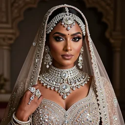 portrait of wonderful indian princess of diamond with dark skin, ornate with diamonds, 8 k, gorgeous, intricate, detailed, glowing white accent lighting, dramatic lighting, octane render