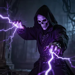 hooded figure with a skeleton face shooting purple lightning out of their hands, gothic