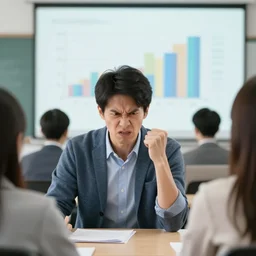 angry man in a stadistics conference, with bar graphs in the background