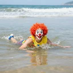 clown swimming in the beach