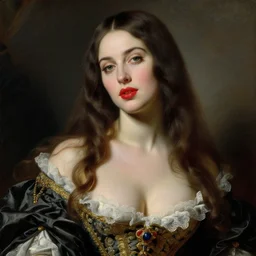 beautiful woman with long hair, ultra detailed, beautiful eyes, plump red lips, huge decolte, by greg hildebrandt fancy rococo baroque oil painting high quality clothed in fancy garb in pin up style