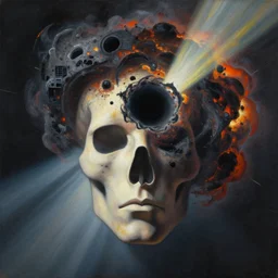 portrait of the soul leaving an exploding black hole singularity, painting by kupka and mc escher, sharp focus, very detailed, maximalism, ambient occlusion, volumetric light, sun beam, hyper realism, futuristic and psychedelic shading, cinematic composition