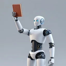 humanoid robot raising one arm. the arm is holding a book. the robot is standing on a pile of chains
