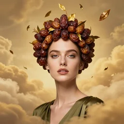 epic portrait of beautiful female face supermodel portrait wearing olive dress and crown made of brown dates fruit and golden tea leaves flying in sky by amy leibowitz, wlop, jeremy lipkin, beeple, intricate, artgerm, ilya kuvshinov, golden clouds background