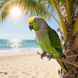 parrot sitting in palm tree with sun and sandy beach behind it