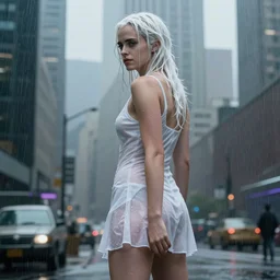 blade runner 2 0 4 9, amazing wet white hair emma watson, light white dress, very hot, rain, sci - fi girl on the city, skyscrapers, cute face, athletic body, full body view, amazing art, fantasy art, highly detailed, wet clothes, back photo, face turned