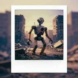 old polaroid of a evil robot walking on a destroyed city, 8 k, uhd, golden hour, 8 0 0 mm