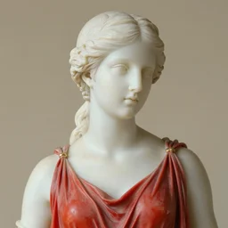 a vintage ancient greek goddess sculpture of the beautiful 1 9 2 0 s goddess of desire and dreams, red dress, short hair, headshot, hyper realistic, sallow pale skin, dark golden hair, red eyes, 4 k, rule of thirds, extreme detail, detailed drawing, trending artstation, hd, fantasy, d & d, realistic lighting, sharp focus, backlit, elegant.