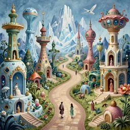 an whimsical masterpiece elite mysterious sci - fi fantasy matte painting of a winding path through arctic dream worlds with surreal architecture designed by heironymous bosch, structures inspired by heironymous bosch's garden of earthly delights, surreal ice interiors by cyril rolando and asher durand and natalie shau and cyril rolando, insanely detailed and intricate, complex, elegant, quirky
