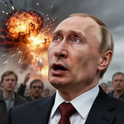 vladimir putin realistic detailed, freaked out, with open mouth looking up to sky, air strike explosion nearby, terrified face, by donato giancola and greg rutkowski and wayne barlow and zdzisław beksinski, realistic face, digital art