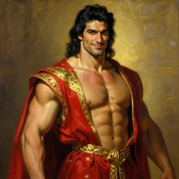 a tall muscular man with chiseled features, black hair, and tanned skin. wears royal robes of red and gold and his expression is a witty smirk. he is lightsong the bold, the god of bravery. portrait painting by artgerm and greg rutkowski and alphonse mucha