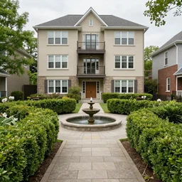 suburban apartment with hedges around it and a stone path with a fountain in the middle