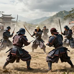 seven samurai in an epic battle, ultrarealistic